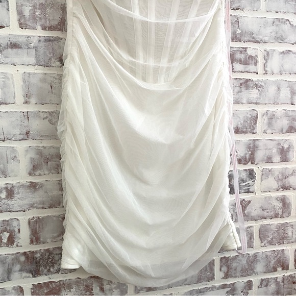 Missguided • Ivory Mesh Tie Shoulder Corset Mini Dress • Sweetheart Neckline - Picture 6 of 14